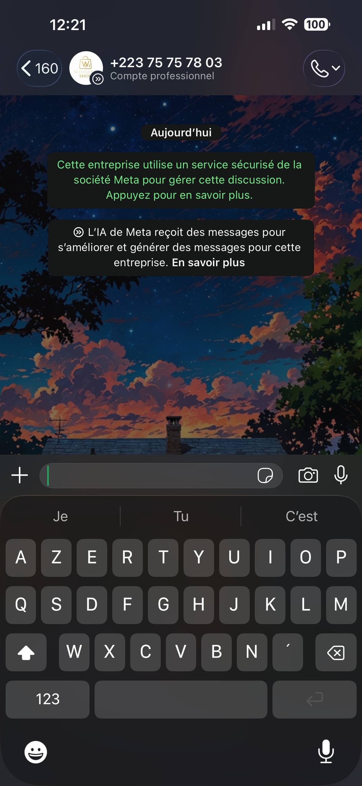 Écran de contact WhatsApp de Winners Shop